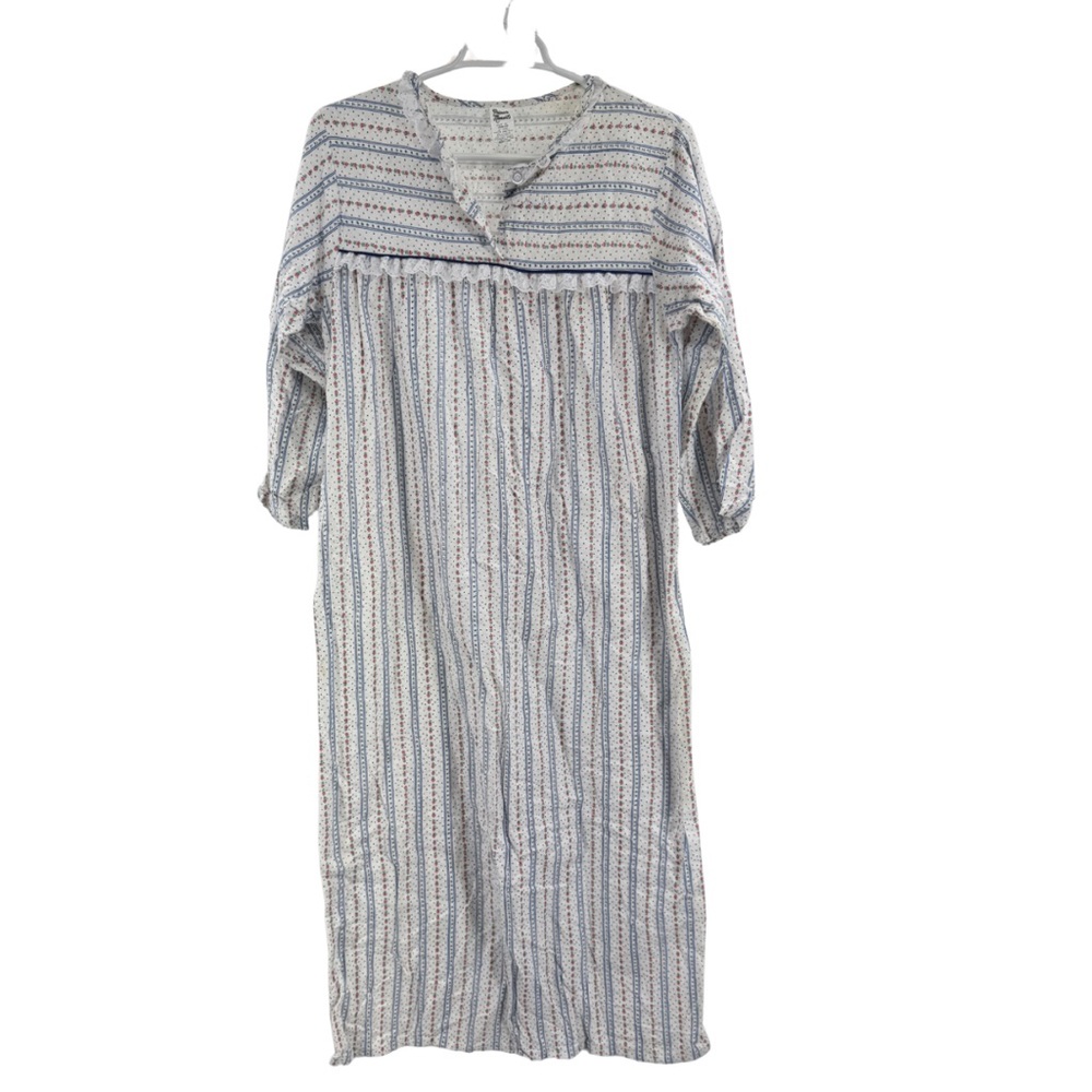 Private Moments lace trim cotton stripes roses floral nightgown full length M